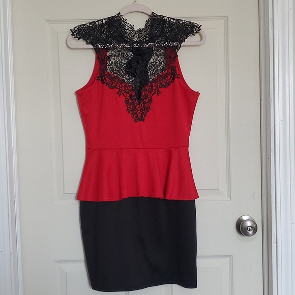 Lipstick Little Red and Black Peplum and Lace Sleeveless Dress Large Valentines - Picture 4 of 5